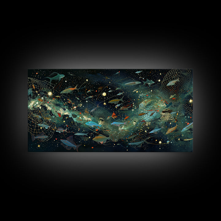 Cosmic Underwater Fish Galaxy Wall Art, Dreamy Ocean Canvas Print, African Inspired Nature Scene Art, Teal Modern Decor Gift