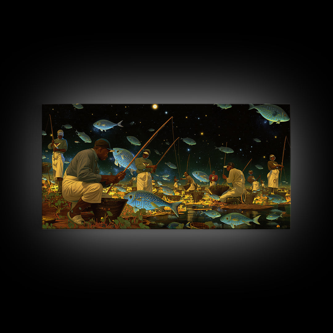 Black Fishermen Under Starry Fish Sky Canvas Print, African Wall Art, Afrocentric Culture Art, Magical Night Decor, Unique Gift