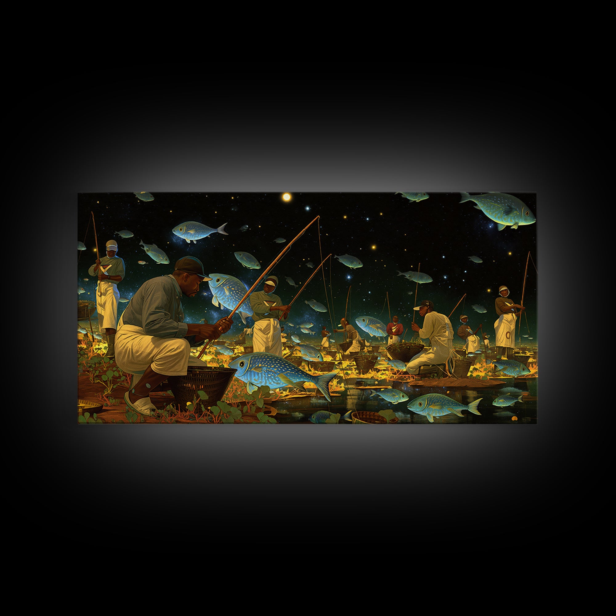 Black Fishermen Under Starry Fish Sky Canvas Print, African Wall Art, Afrocentric Culture Art, Magical Night Decor, Unique Gift