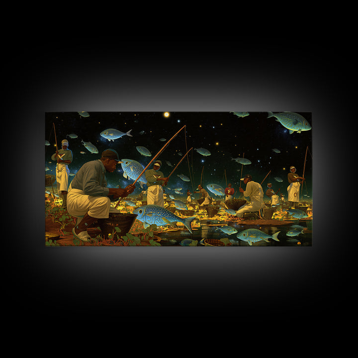 Black Fishermen Under Starry Fish Sky Canvas Print, African Wall Art, Afrocentric Culture Art, Magical Night Decor, Unique Gift