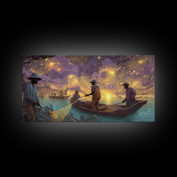 Golden Sunset Fishermen And Glowing Nets Wall Art, African Inspired Landscape, Black Culture Art, Serene Boat Canvas Print
