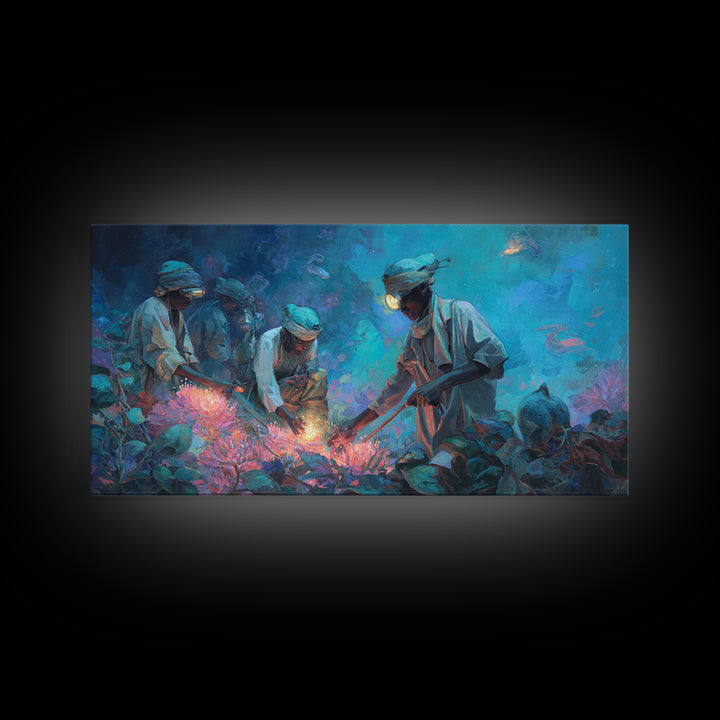 Blue Coral Harvest Divers Framed Canvas Print, African Ocean Wall Art, Contemporary Nature Scene, Unique Home Decor Gift