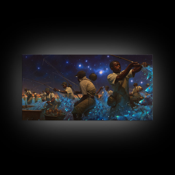 Starlit African Night Fishermen With Glowing Blue Fish Canvas Print, Afrocentric Wall Decor, Black Culture Art, Unique Home Decor