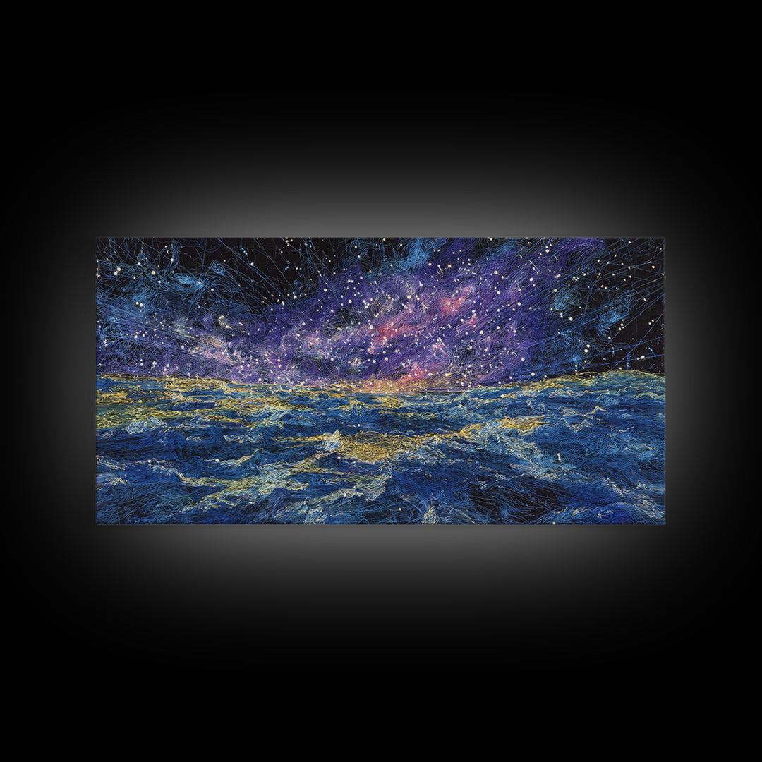 Galaxy Ocean Waves Under Starry Sky Canvas Print, Abstract Wall Art, Blue Gold Seascape, Dreamy Modern Home Decor, Large Decor Art