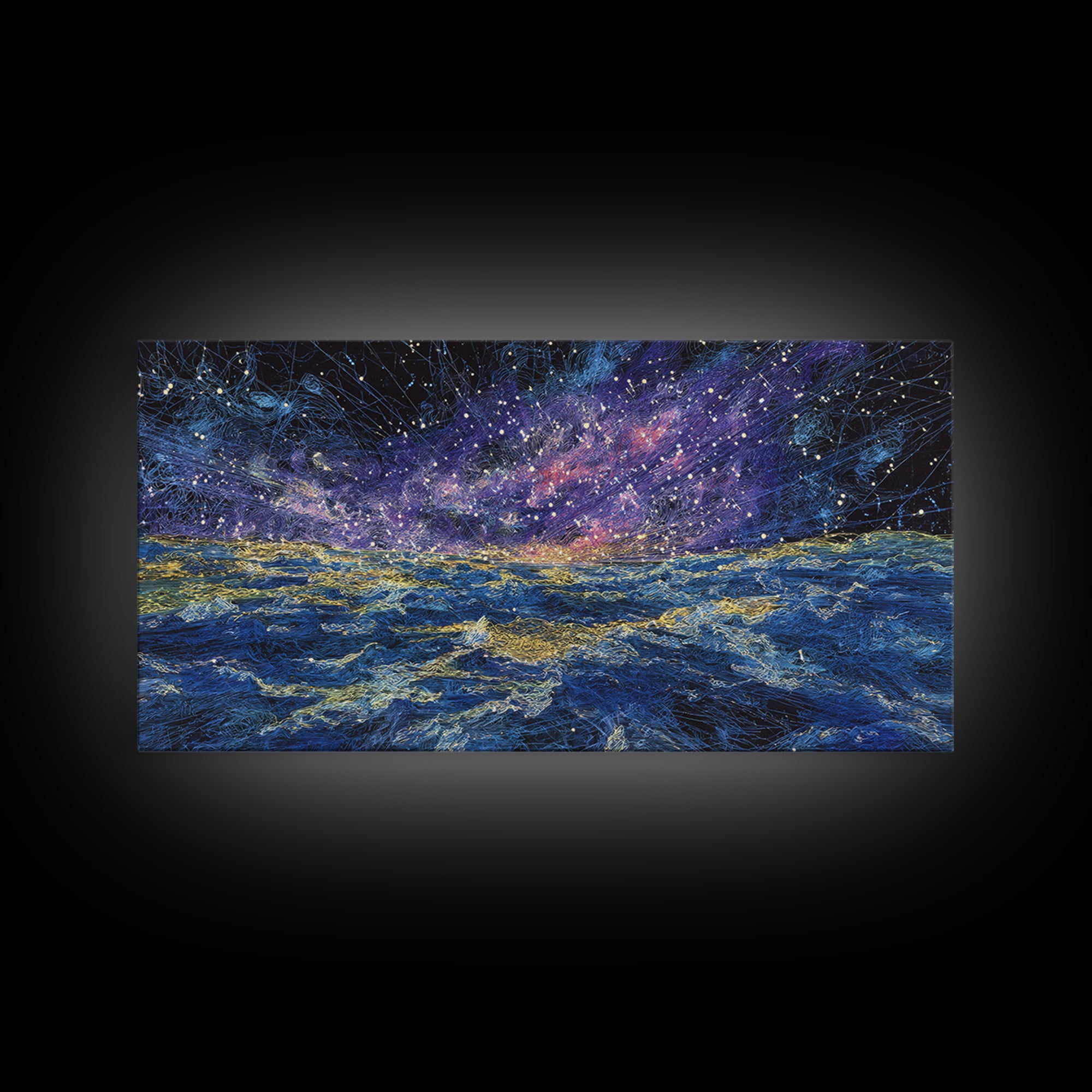 Galaxy Ocean Waves Under Starry Sky Canvas Print, Abstract Wall Art, Blue Gold Seascape, Dreamy Modern Home Decor, Large Decor Art