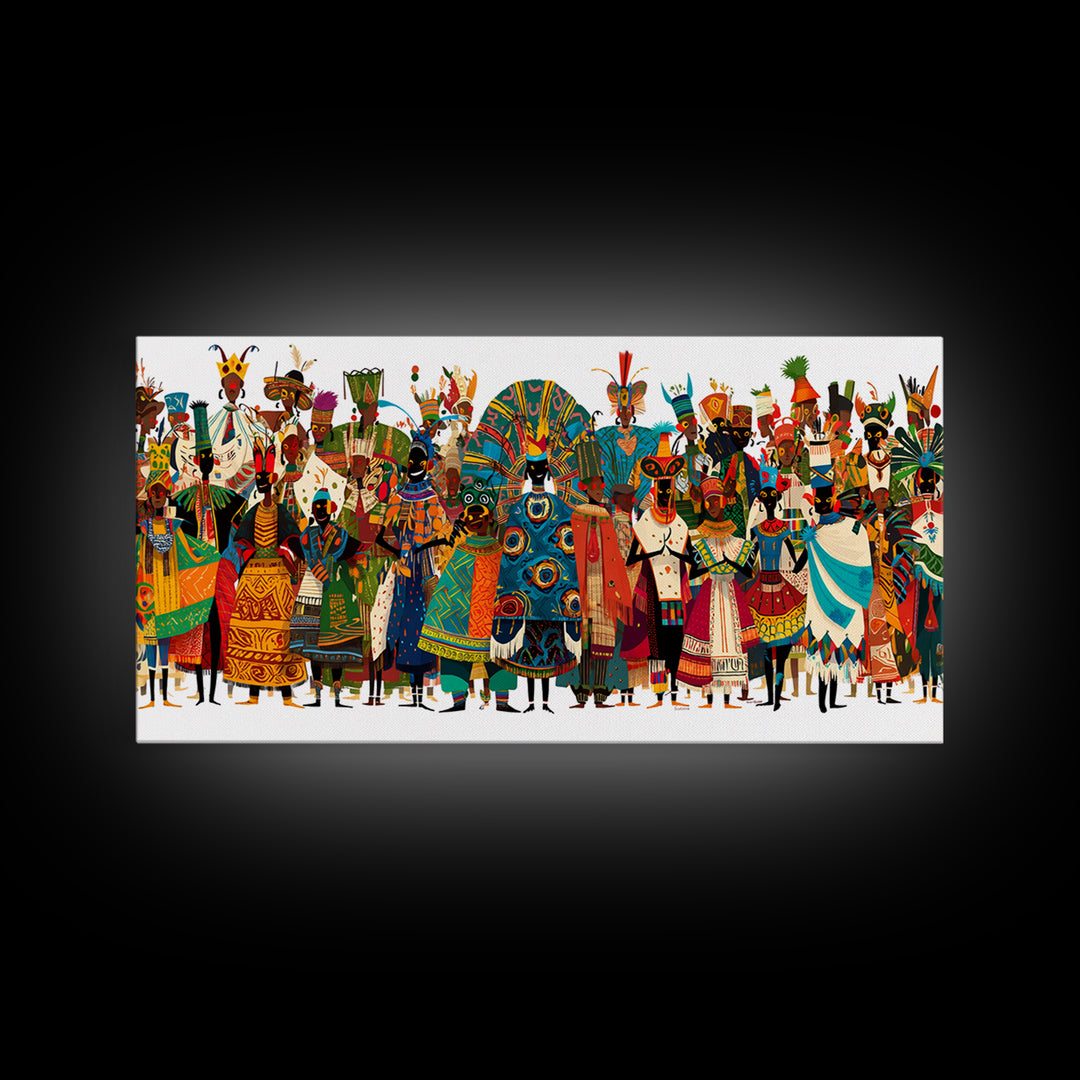 Vibrant African Tribal Festival Crowd With Masks Canvas Print, Afrocentric Wall Art, Colorful African Art, Cultural Decor