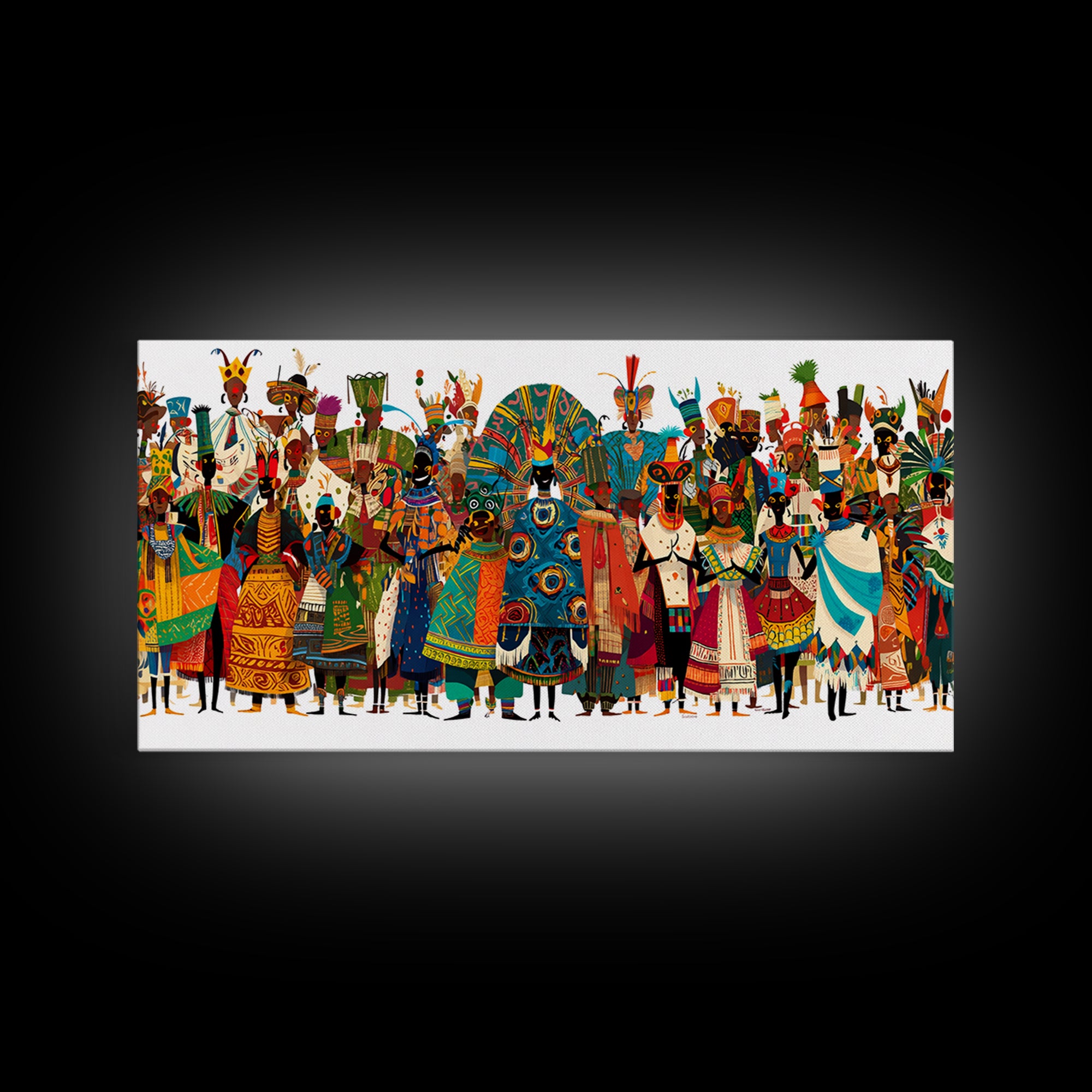 Vibrant African Tribal Festival Crowd With Masks Canvas Print, Afrocentric Wall Art, Colorful African Art, Cultural Decor