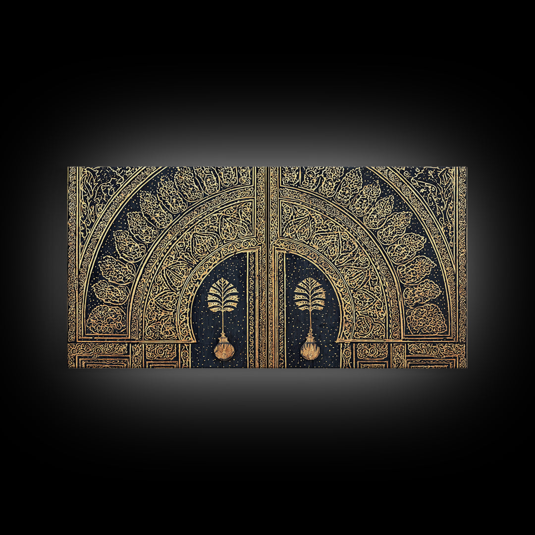 Gold Ornate African Arch Door With Palm Motifs Framed Canvas Print, Moroccan Wall Decor, Cultural Home Decor, Black Gold Art