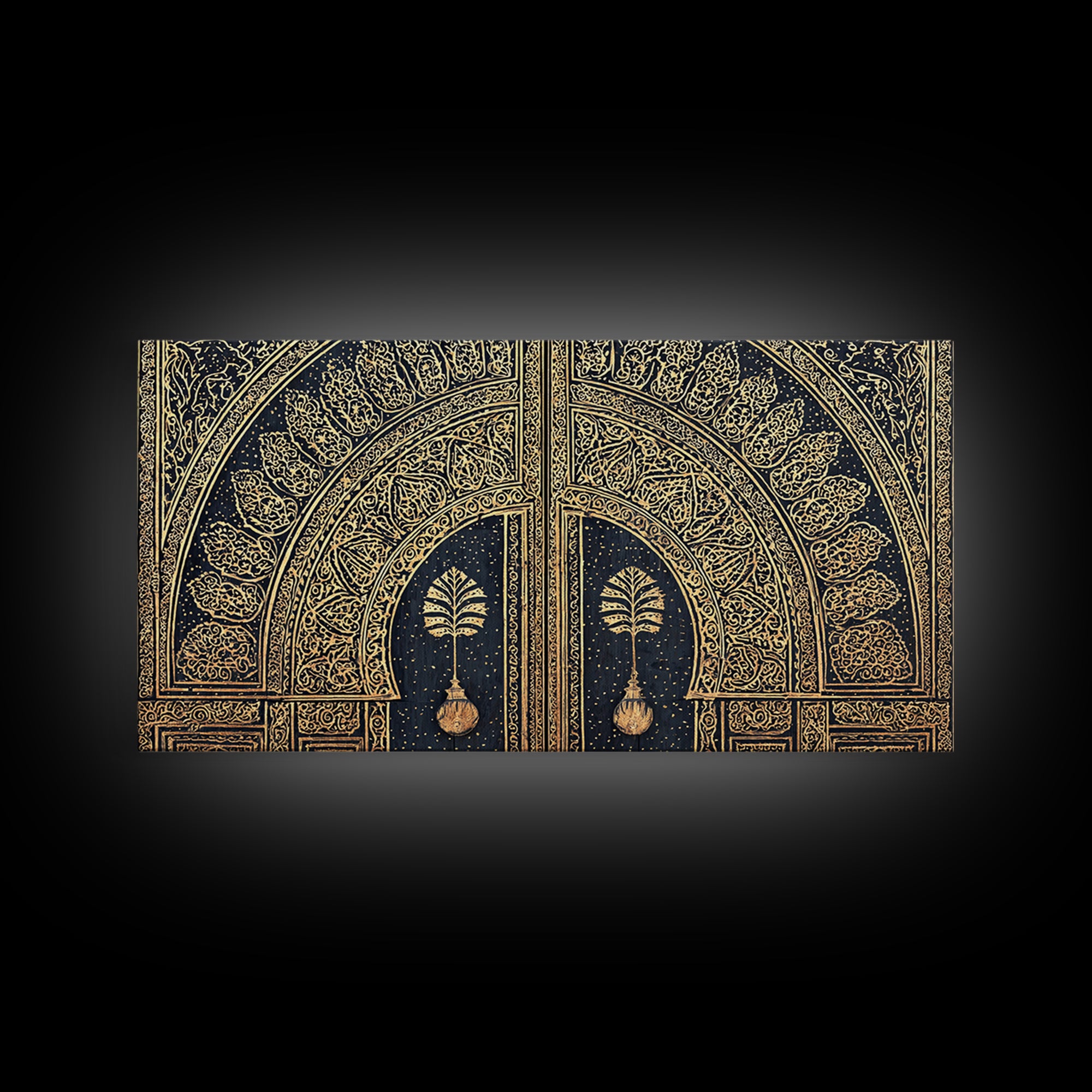 Gold Ornate African Arch Door With Palm Motifs Framed Canvas Print, Moroccan Wall Decor, Cultural Home Decor, Black Gold Art