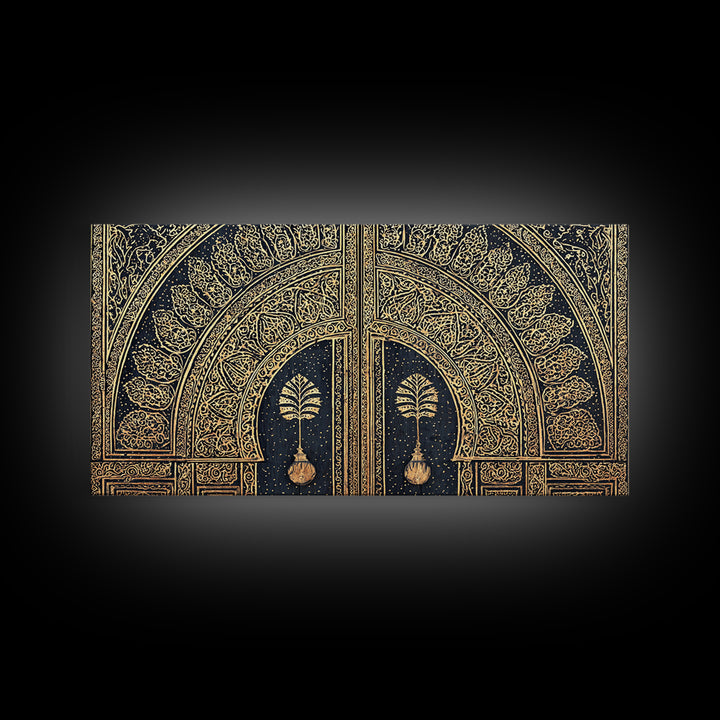 Gold Ornate African Arch Door With Palm Motifs Framed Canvas Print, Moroccan Wall Decor, Cultural Home Decor, Black Gold Art
