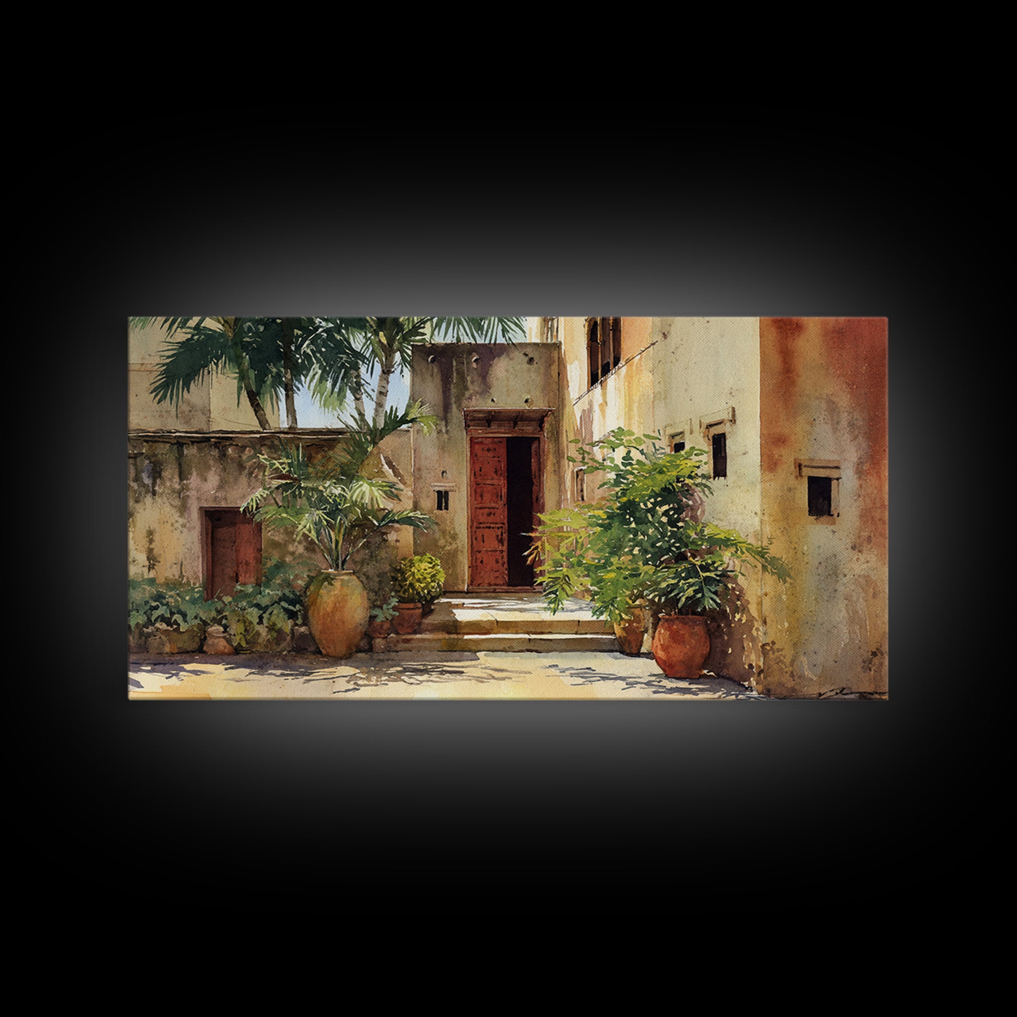 Sunlit African Courtyard With Red Door Wall Art, Tropical Village Painting, African Wall Decor, Boho Home Decor Gift For Her