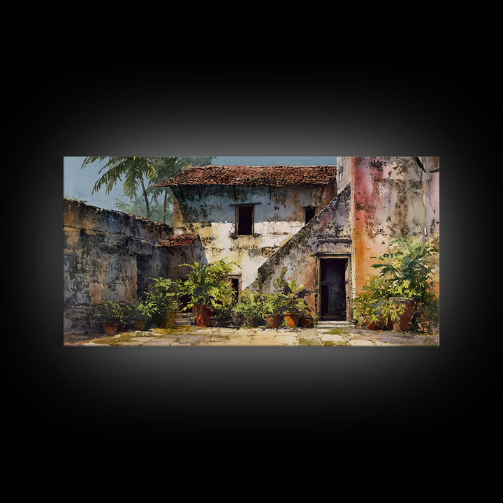 Weathered Blue African Courtyard Wall Art, Rustic Village Painting, African Home Decor, Cultural Wall Decor For Living Room