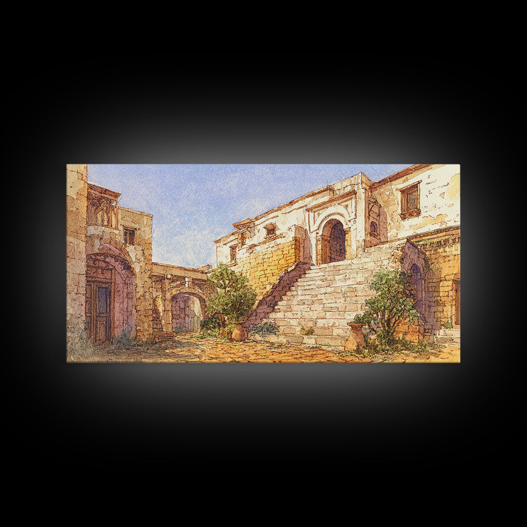Sunlit Stone Stairway And Arches Framed Canvas Print, African Inspired Architecture Art, Beige Wall Art, Elegant Home Decor