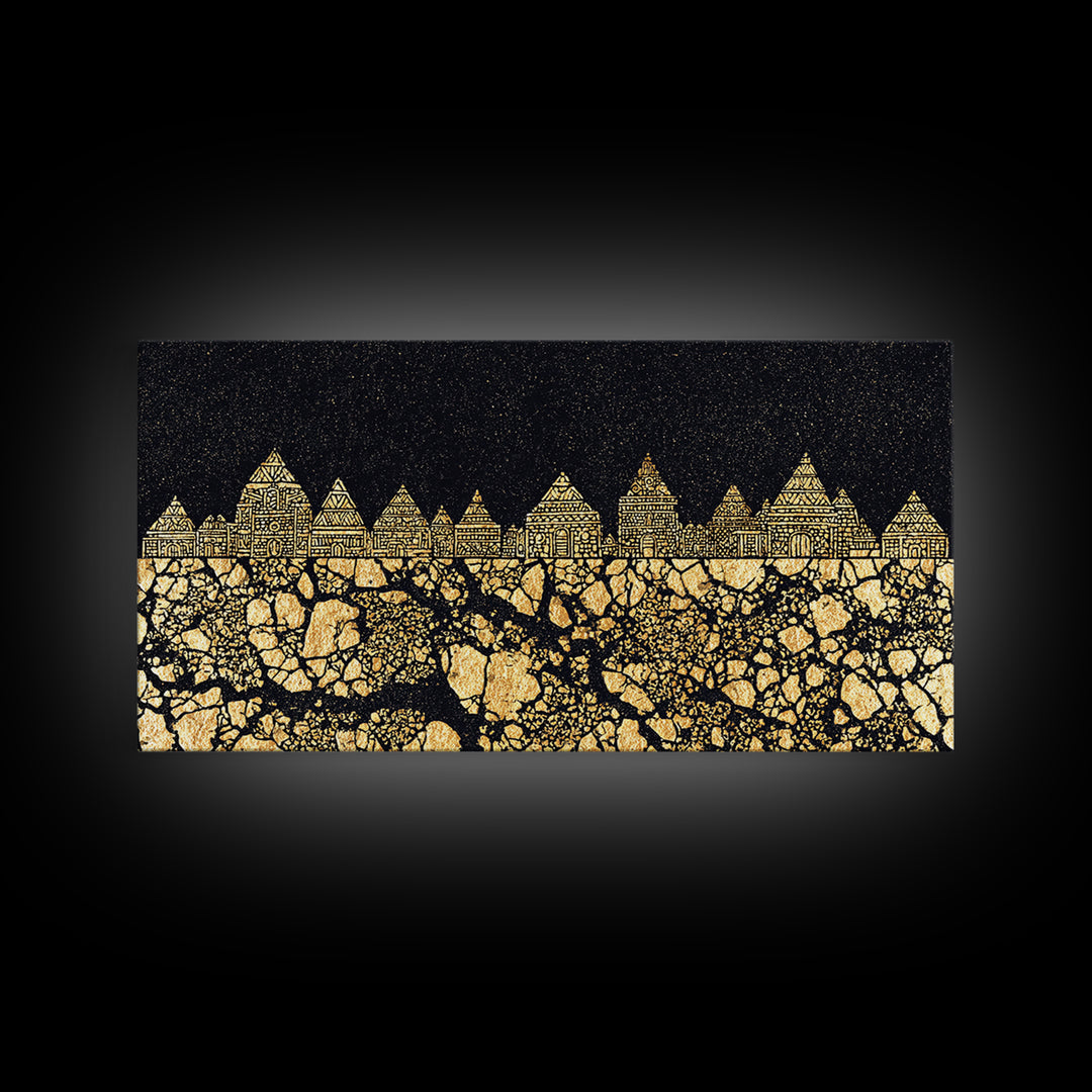 Golden Tribal Village Under Stars Canvas Print, African Tribal Art, Black And Gold Art, Cultural Wall Decor, Statement Piece