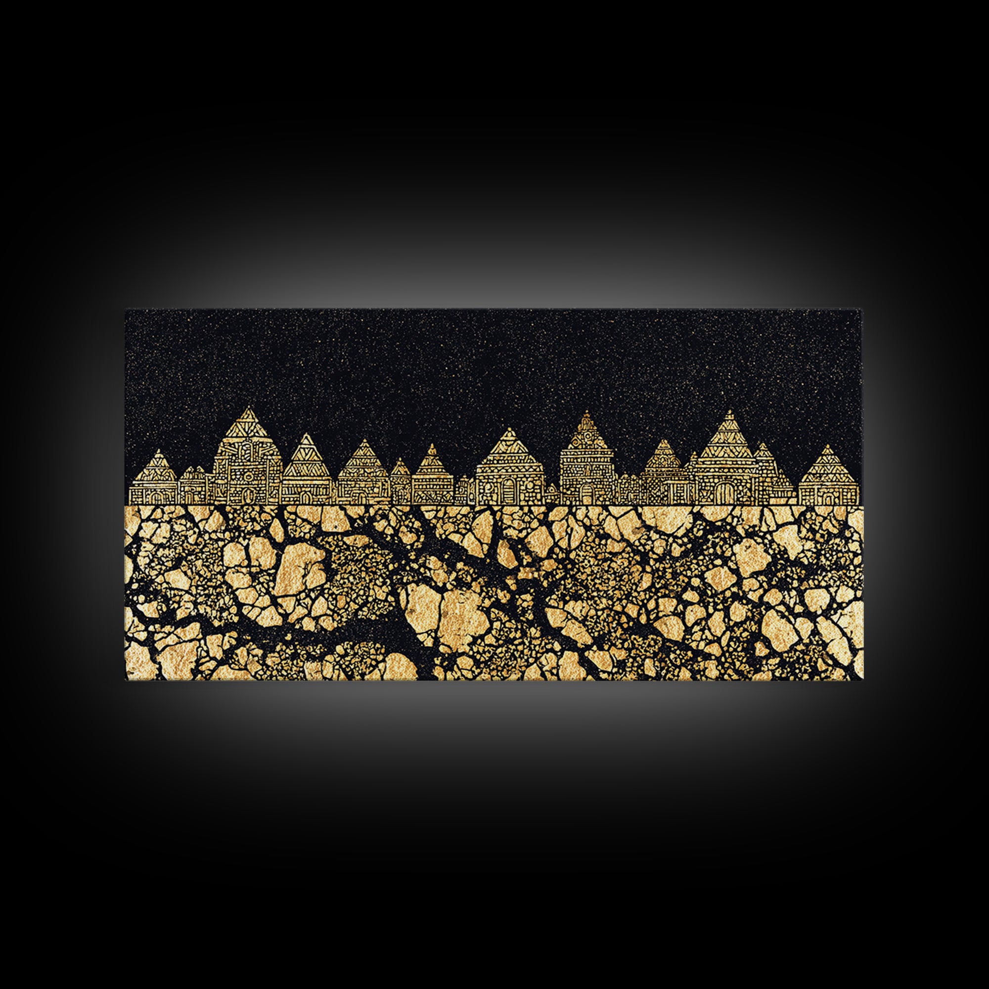 Golden Tribal Village Under Stars Canvas Print, African Tribal Art, Black And Gold Art, Cultural Wall Decor, Statement Piece