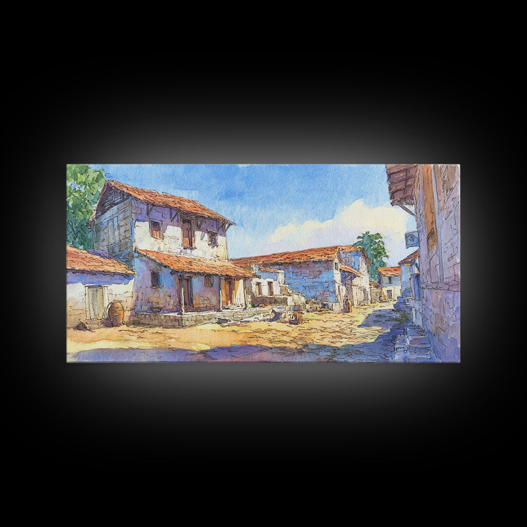 Sunlit African Village Street Wall Art, Rustic Blue Houses Painting, African Landscape, Cultural Home Decor, Large Wall Art