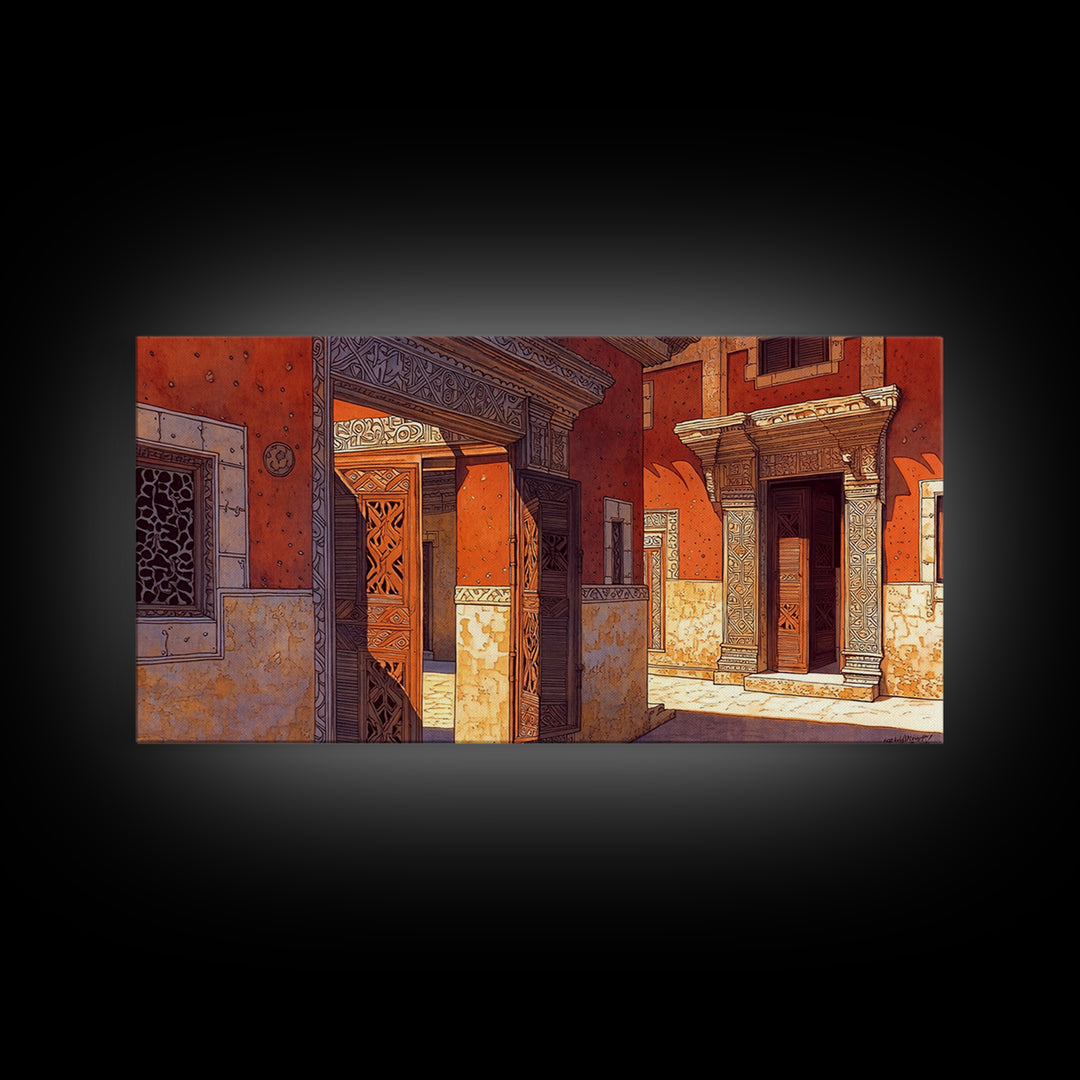 Ornate Orange African Doorway Framed Canvas Print, Swahili Architecture Art, African Wall Decor, Bold Home Decor Gift For Him