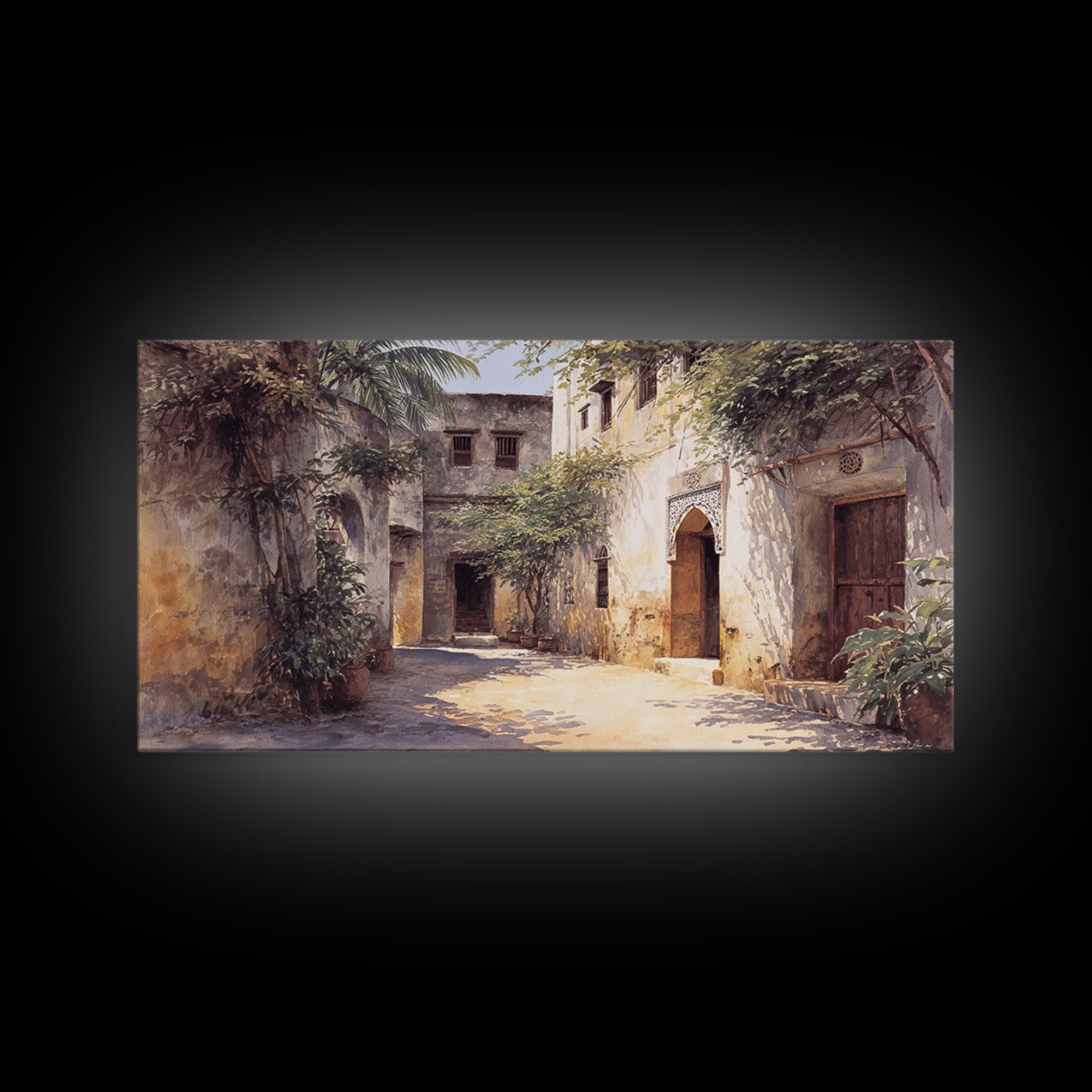 Shaded Tropical African Courtyard Wall Art, Old Stone Doorway Painting, African Home Decor, Boho Wall Decor, Unique Gift
