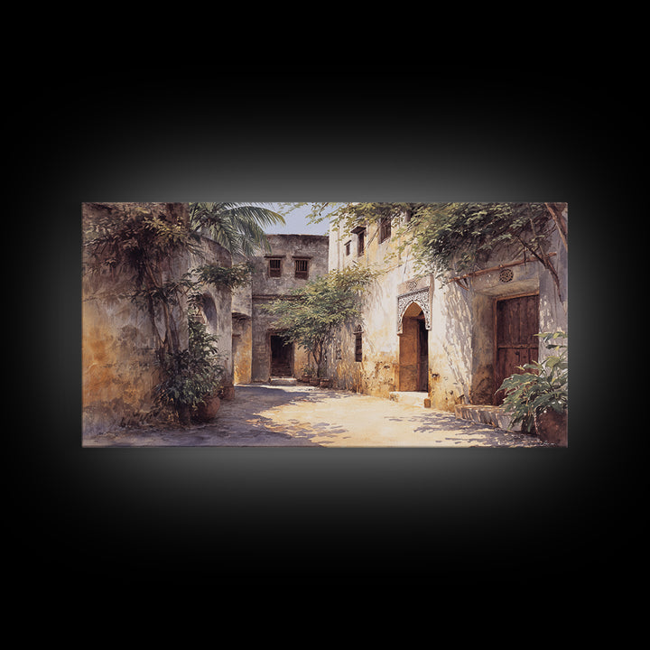 Shaded Tropical African Courtyard Wall Art, Old Stone Doorway Painting, African Home Decor, Boho Wall Decor, Unique Gift