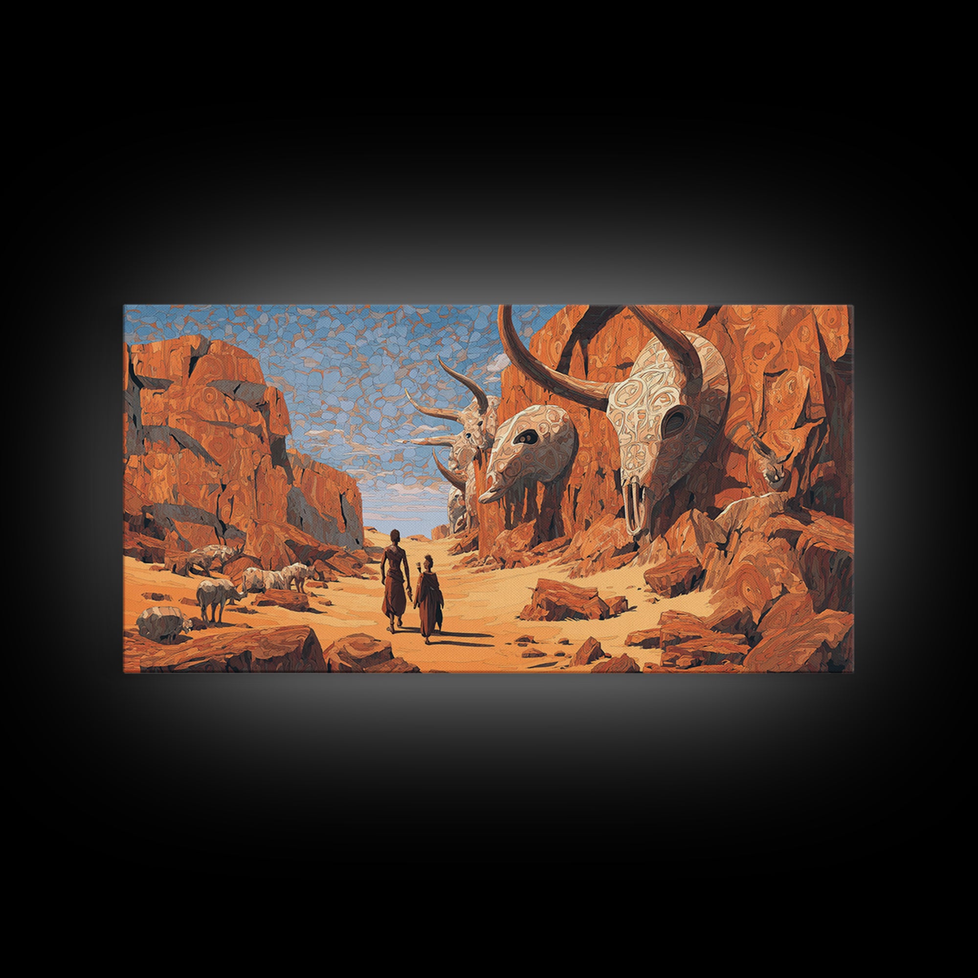 African Desert Canyon With Horned Skulls Wall Art, Tribal Journey Painting, African Warrior Art, Rustic Safari Decor Gift