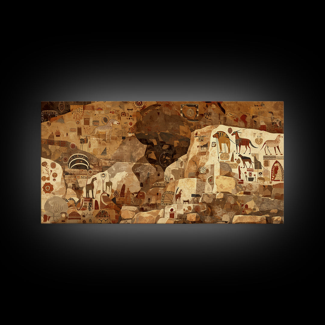 Ancient Sahara Cave Mural With Tribal Animals Wall Art African Safari Art, Earth Tone Cultural Decor For Living Room Statement Piece