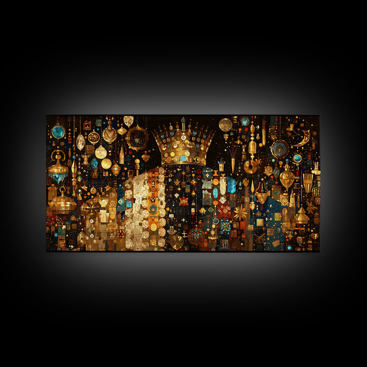 Jeweled African Queen In Gold And Turquoise Framed Canvas Print Black Goddess Art, Luxury Afrocentric Wall Decor Gift For Her