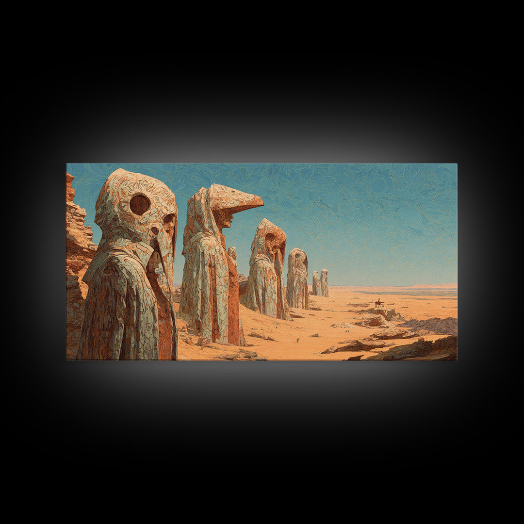 Colossal Desert Mask Monuments Under Blue Sky Wall Art African Mask Art, Ancient Tribal Decor, Mystical Landscape Print Gift
