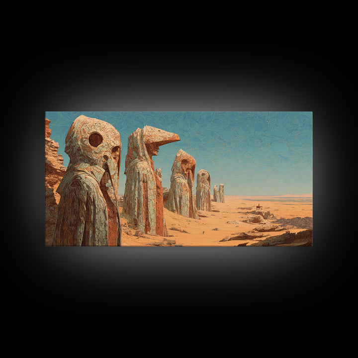 Colossal Desert Mask Monuments Under Blue Sky Wall Art African Mask Art, Ancient Tribal Decor, Mystical Landscape Print Gift