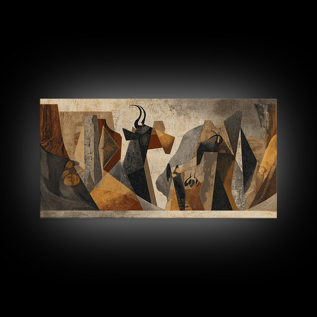 Abstract Tribal Women In Black And Gold Framed Canvas Print African Abstract Art, Modern Cubism Wall Decor For Entryway Gift