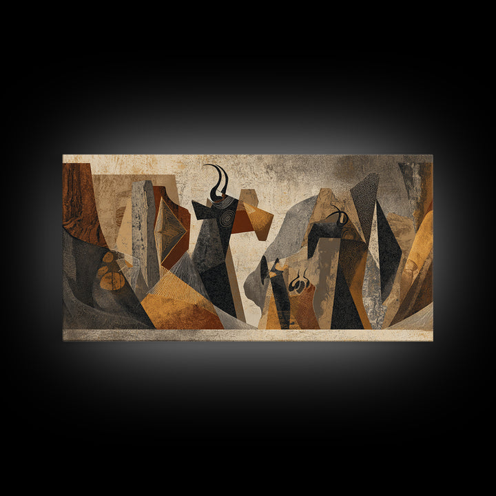 Abstract Tribal Women In Black And Gold Framed Canvas Print African Abstract Art, Modern Cubism Wall Decor For Entryway Gift