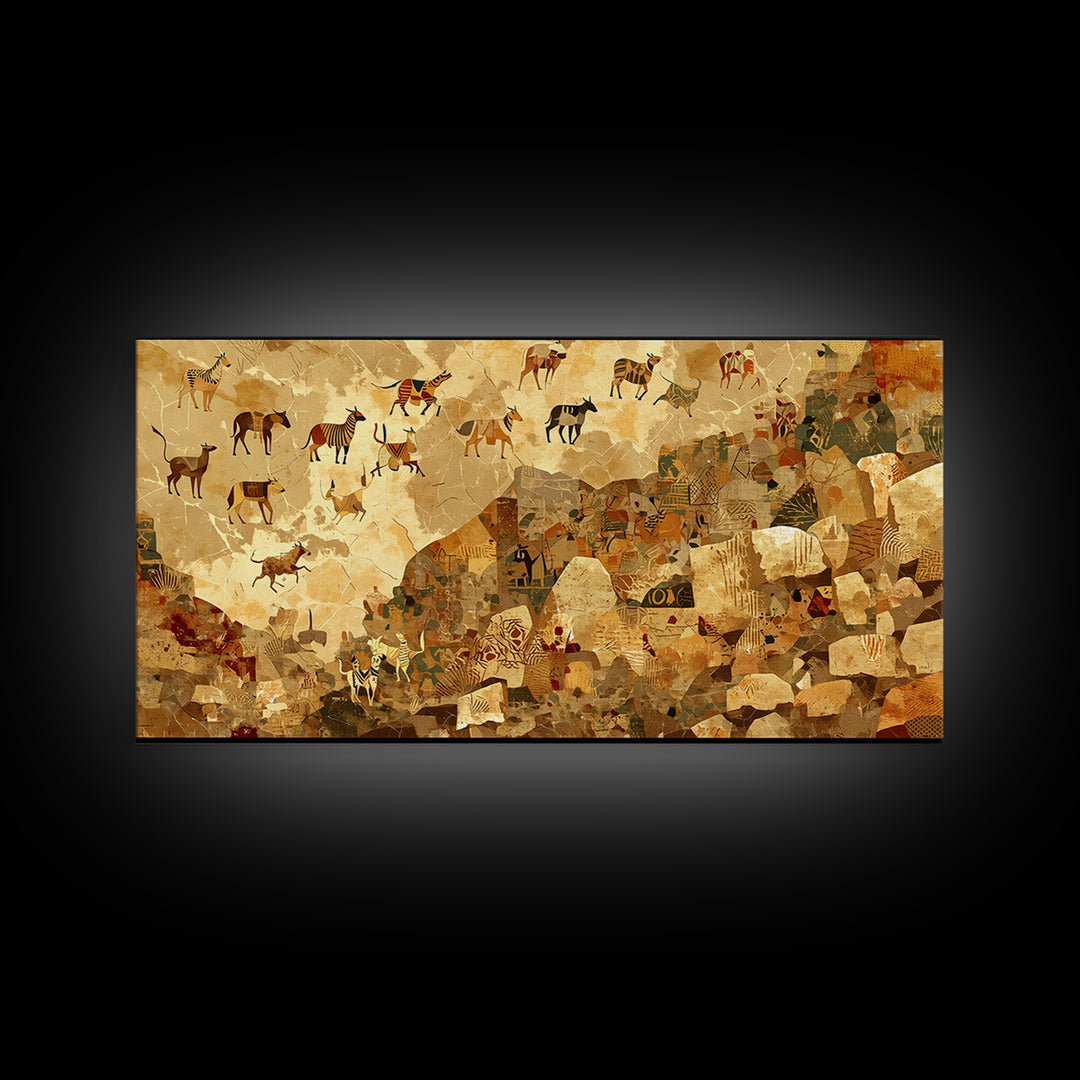 Ancient Herds Above Earthen Village Wall Art African Safari Art, Tribal Culture Landscape, Earth Tone Home Decor For Living Room