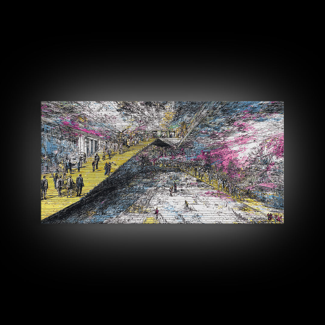 Futuristic City Transit Sketch With Yellow Stairs Wall Art, Urban Modern Art Print, Abstract Gallery Decor, Statement Canvas