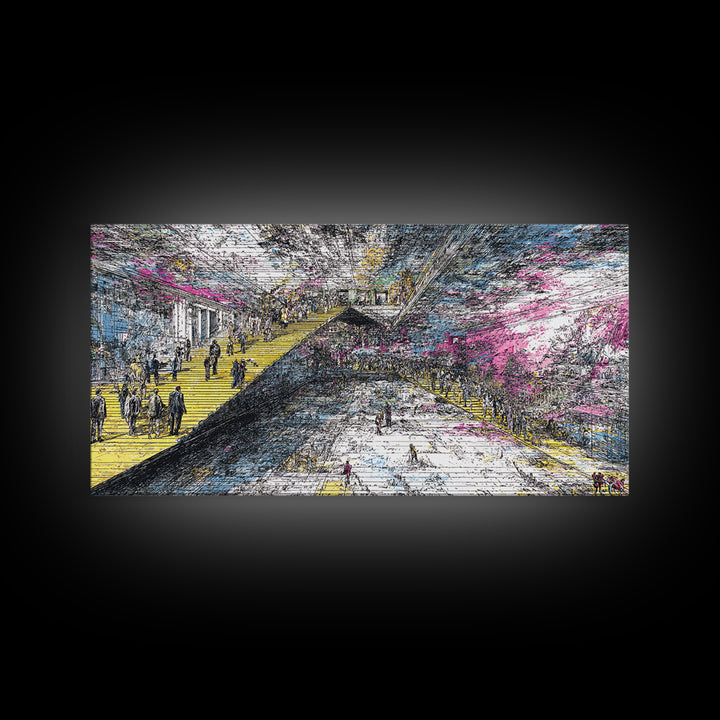 Futuristic City Transit Sketch With Yellow Stairs Wall Art, Urban Modern Art Print, Abstract Gallery Decor, Statement Canvas