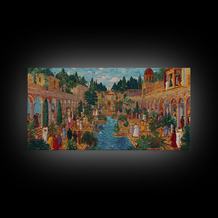 Lush Palace Garden With Arches And Pool Framed Canvas Print, African Inspired Wall Art, Elegant Cultural Home Decor Gift