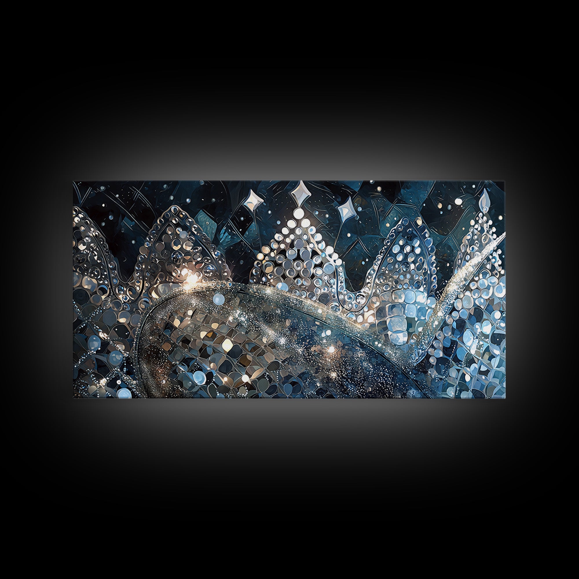 Jeweled Blue Silver Crowns And Stars Canvas Print, Abstract Wall Art, Luxury Black Gold Decor, Dreamy Modern Gallery Gift
