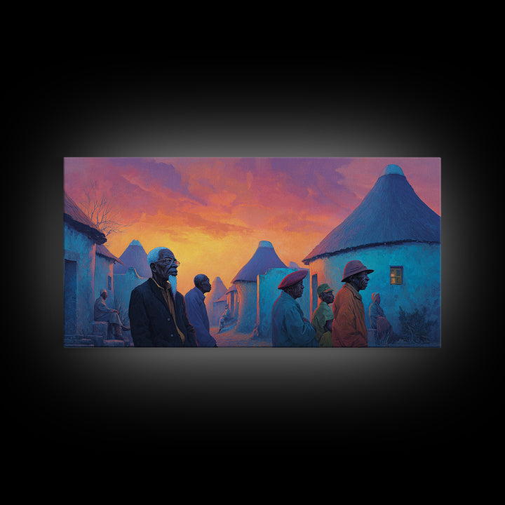 Blue Round Huts At Fiery Sunset Wall Art, African Village Painting, Afrocentric Decor, Cultural Landscape Canvas Print Gift