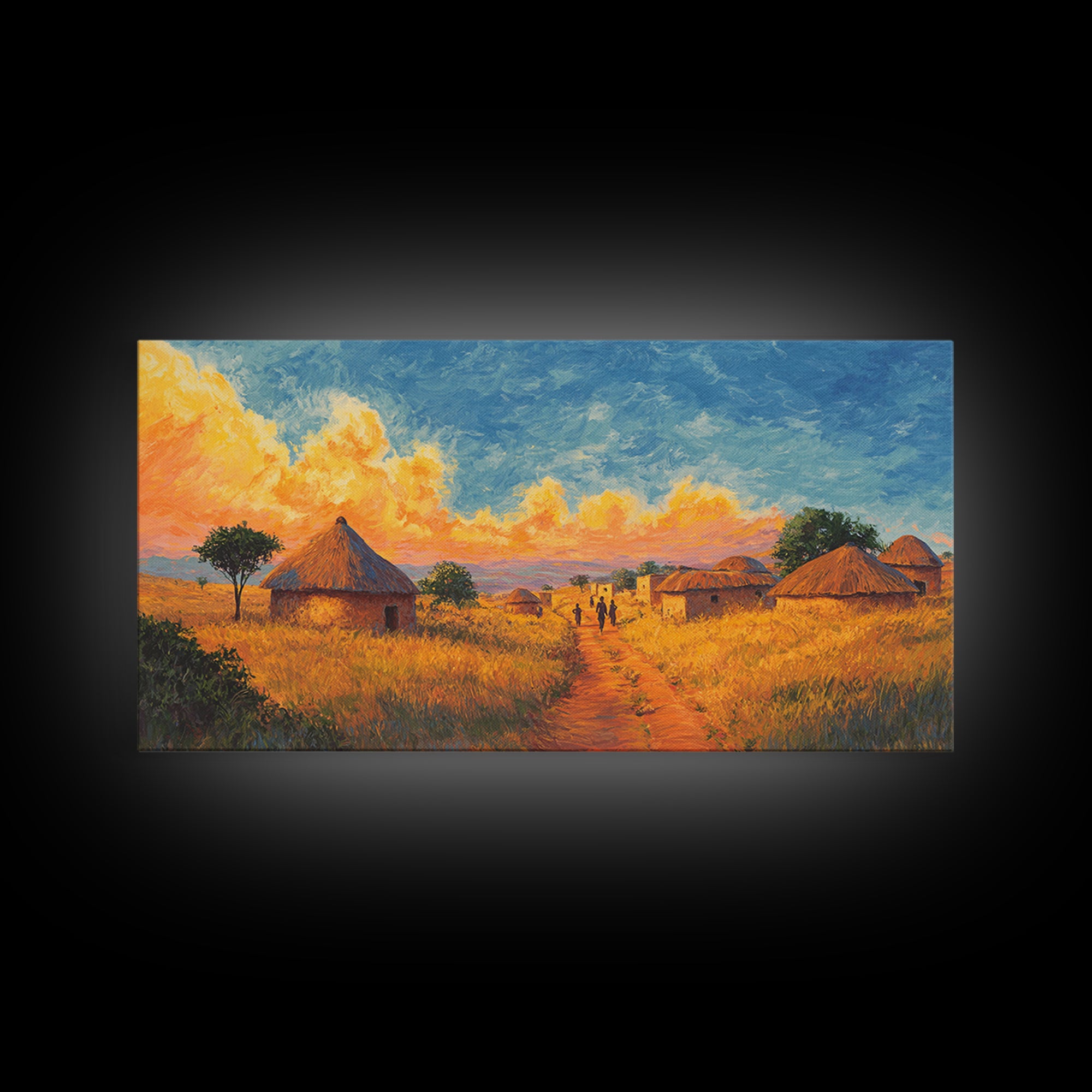 Golden Savanna Huts Under Brilliant Clouds Canvas Print, African Landscape Wall Art, Safari Decor, Motherland Home Art Gift