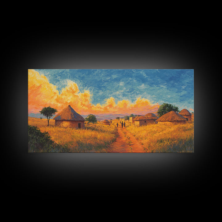 Golden Savanna Huts Under Brilliant Clouds Canvas Print, African Landscape Wall Art, Safari Decor, Motherland Home Art Gift
