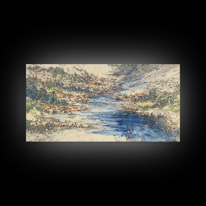 Blue Mountain Valley River And Villages Wall Art, African Landscape Art Print, Serene Nature Decor, Modern Canvas Home Gift