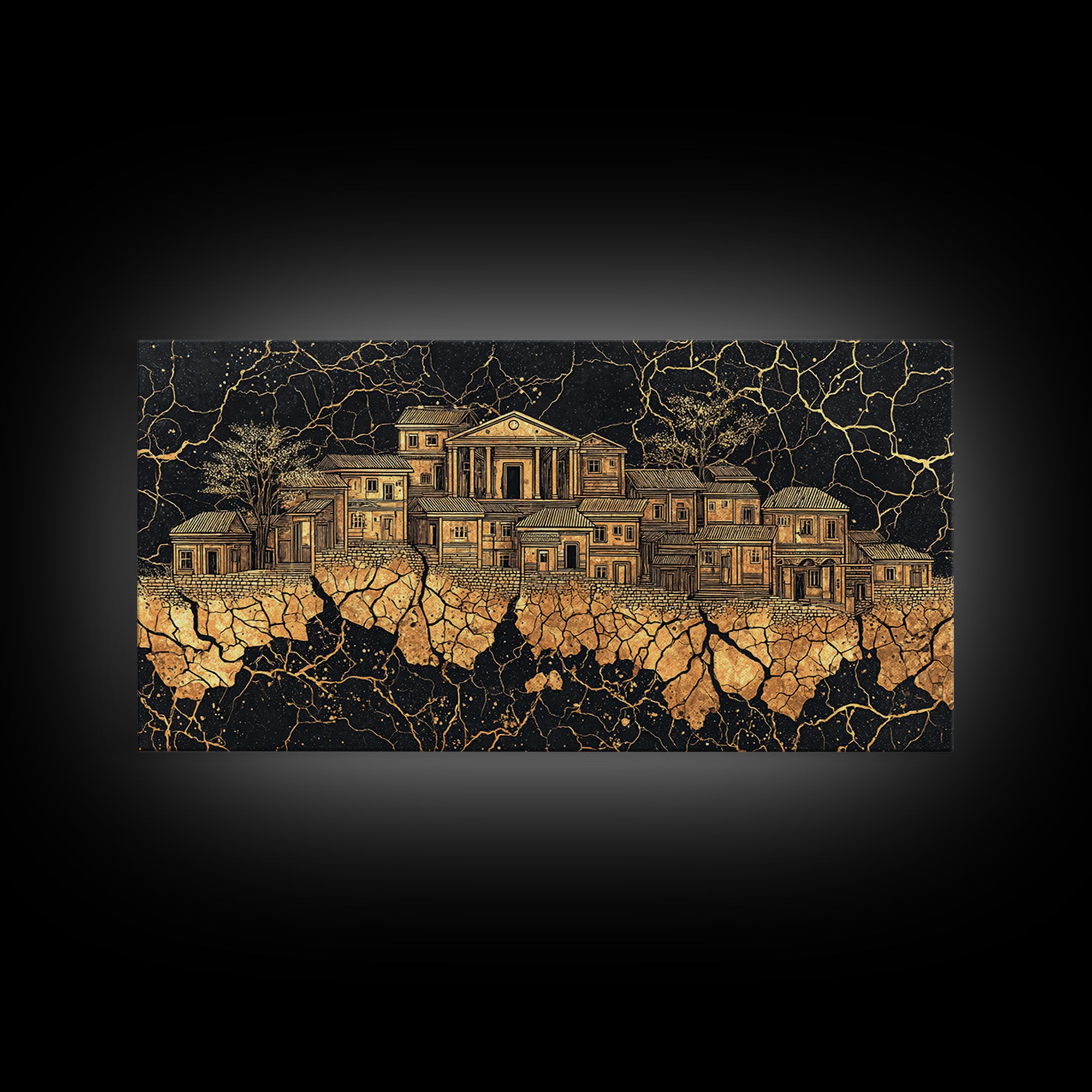 Golden Ancestral Palace On Cracked Stone, Luxury African Wall Art, Black Gold Architecture, Statement Living Room Decor Gift