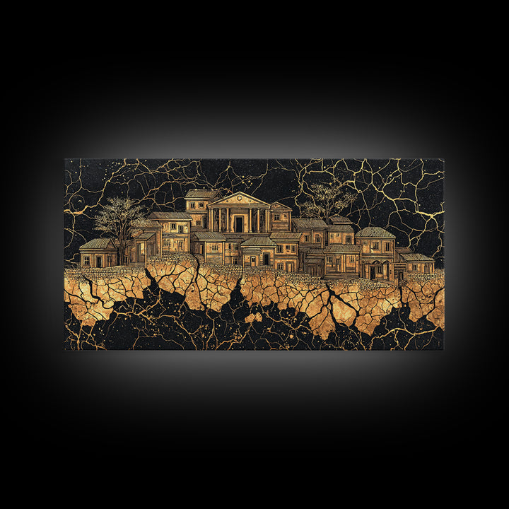 Golden Ancestral Palace On Cracked Stone, Luxury African Wall Art, Black Gold Architecture, Statement Living Room Decor Gift
