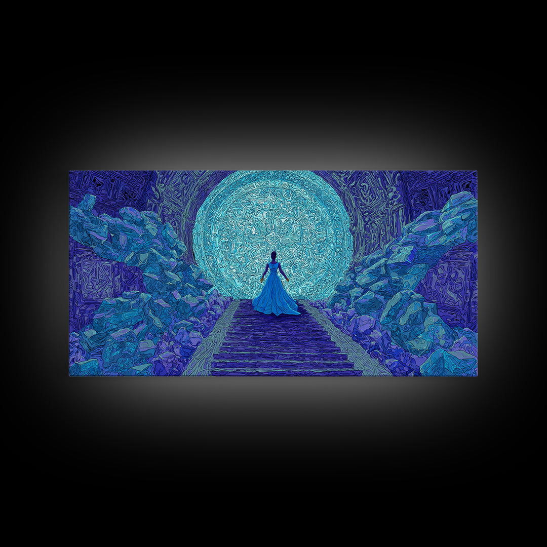 Blue Goddess Before Luminous Moon And Stone Stairway Framed Canvas Print, Mystical Wall Art, Spiritual Afrocentric Bedroom Decor Gift