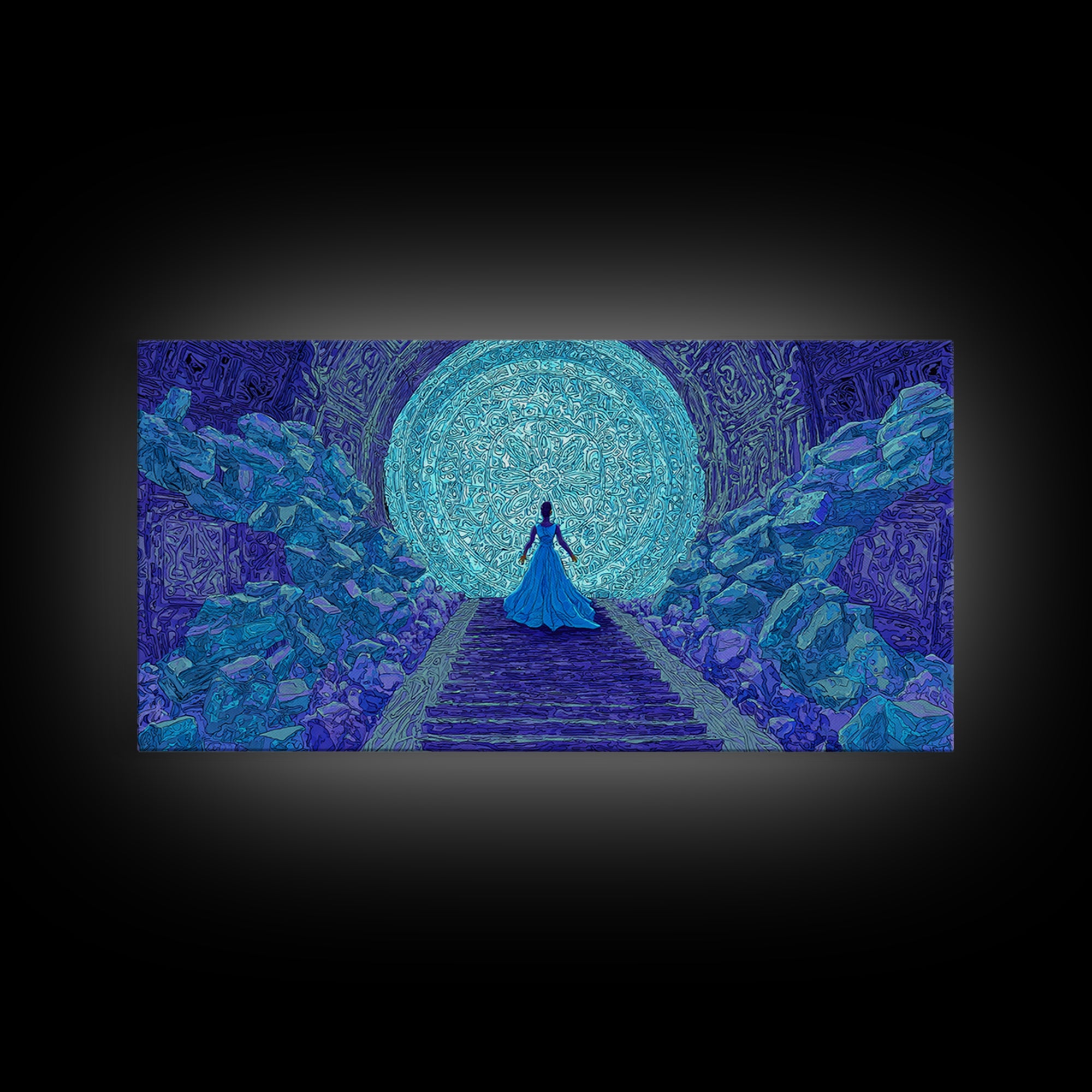 Blue Goddess Before Luminous Moon And Stone Stairway Framed Canvas Print, Mystical Wall Art, Spiritual Afrocentric Bedroom Decor Gift