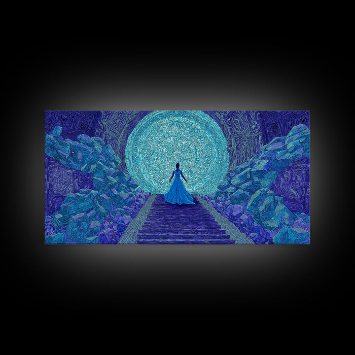 Blue Goddess Before Luminous Moon And Stone Stairway Framed Canvas Print, Mystical Wall Art, Spiritual Afrocentric Bedroom Decor Gift
