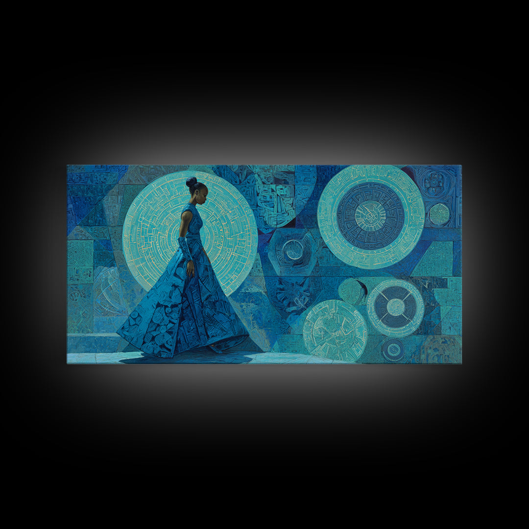 Blue Gown African Woman With Geometric Circles Canvas Print, Modern Afrocentric Wall Art, Elegant Feminine Home Decor Gift