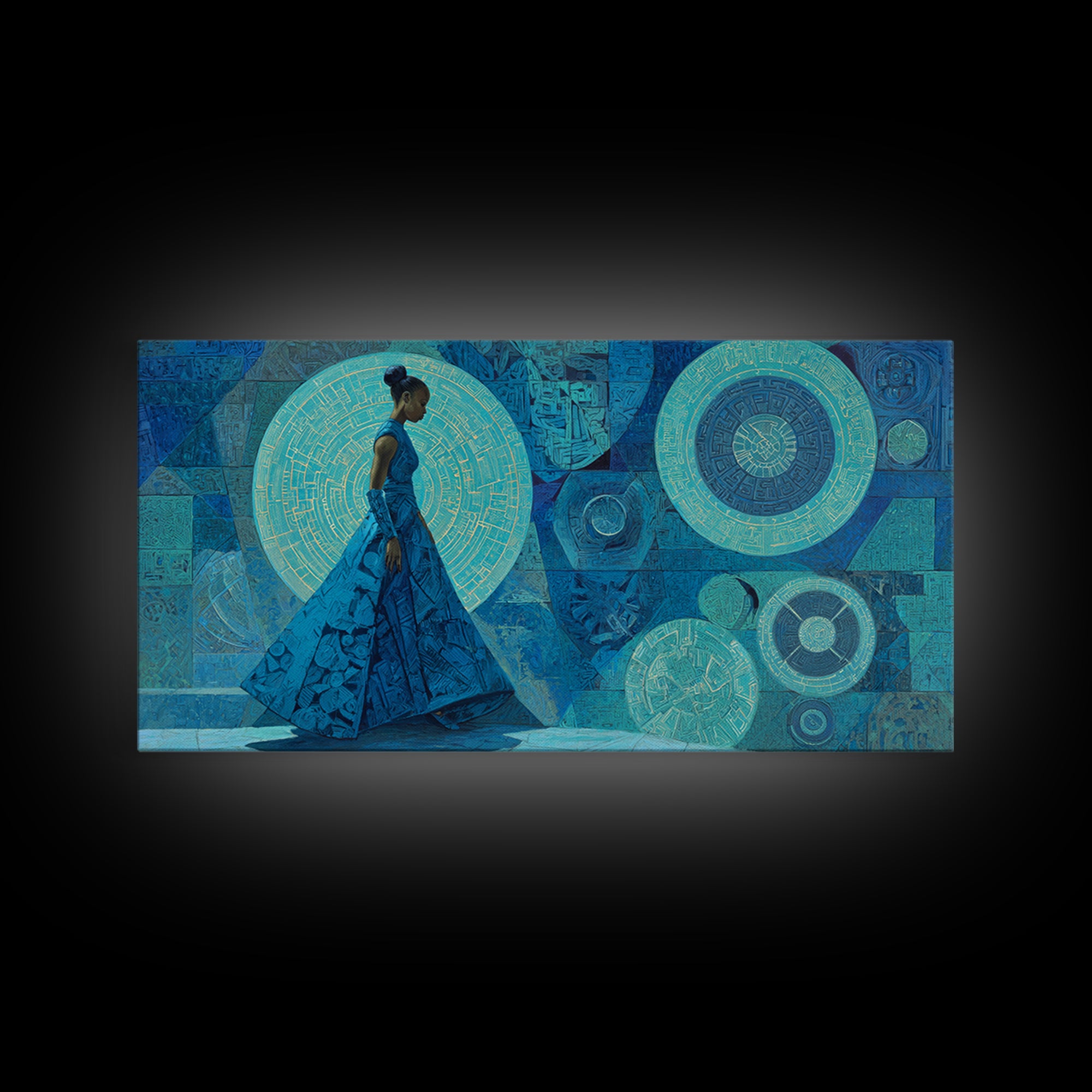Blue Gown African Woman With Geometric Circles Canvas Print, Modern Afrocentric Wall Art, Elegant Feminine Home Decor Gift