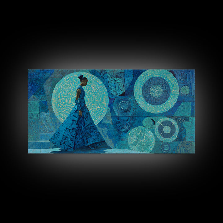 Blue Gown African Woman With Geometric Circles Canvas Print, Modern Afrocentric Wall Art, Elegant Feminine Home Decor Gift