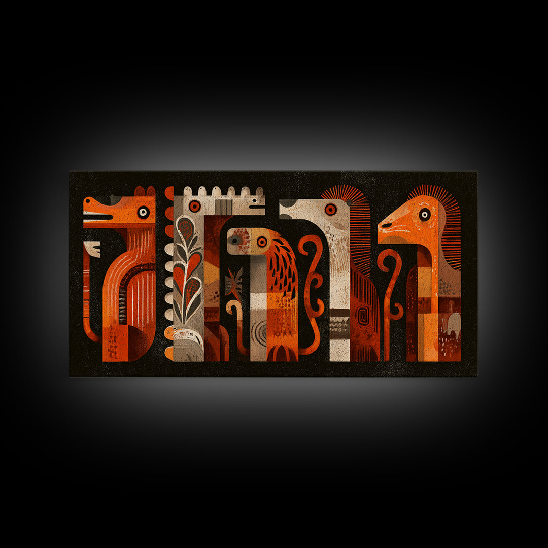 Orange Tribal Bird And Animal Figures Canvas Print, African Inspired Wall Art, Boho Geometric Safari Home Decor, Mid Century Gift