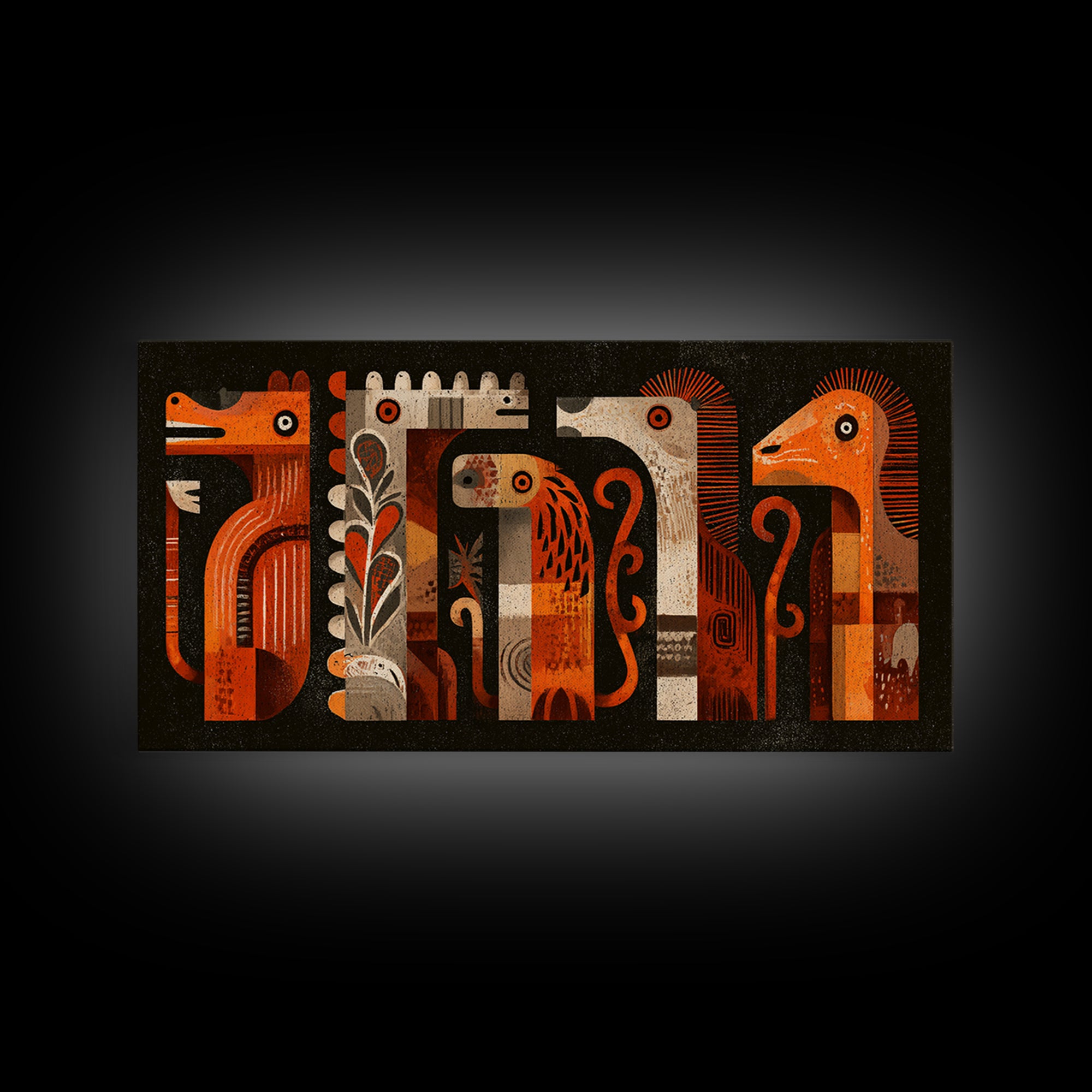 Orange Tribal Bird And Animal Figures Canvas Print, African Inspired Wall Art, Boho Geometric Safari Home Decor, Mid Century Gift