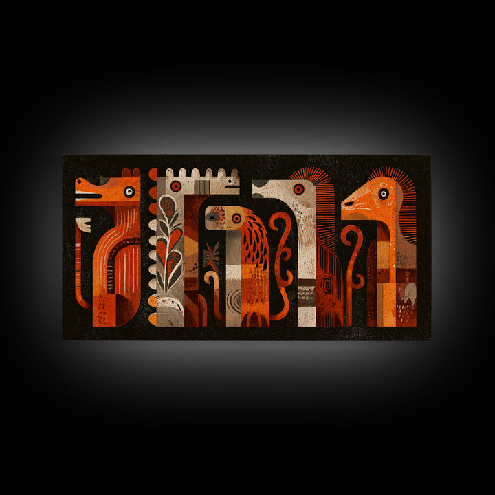 Orange Tribal Bird And Animal Figures Canvas Print, African Inspired Wall Art, Boho Geometric Safari Home Decor, Mid Century Gift